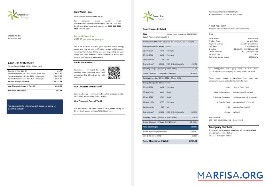 Printable United Kingdom Green Star Energy energy business utility bill Word and PDF formats, 3 pages real example